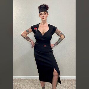 Black NWOT Stop Staring Bodycon Roses Pinup Rockabilly Retro Midi Swing 30s XL